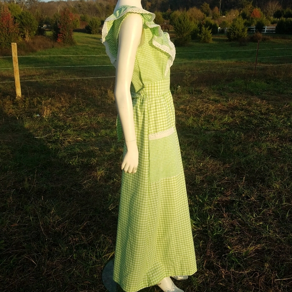 VTG Long Checkered Ruffle Dress 60's 70's 6 M - Picture 3 of 11
